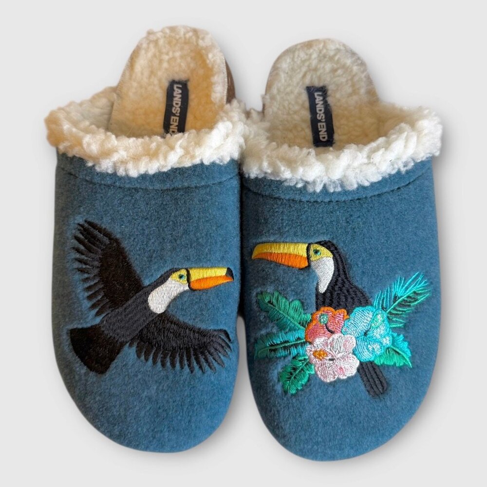 NWOT Lands' End Toucan Embroidered Slippers Corksoles Sz 9